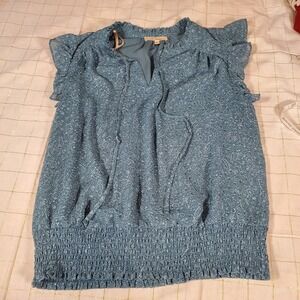 Les Serein Women's Top Ruffle Detail Sleeveless Blouse Smocked Blue Lined Sz L